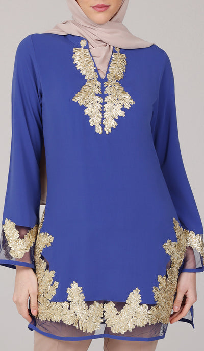 Mahnaz Gold Embellished Long Modest Tunic - Ocean Blue - FINAL SALE