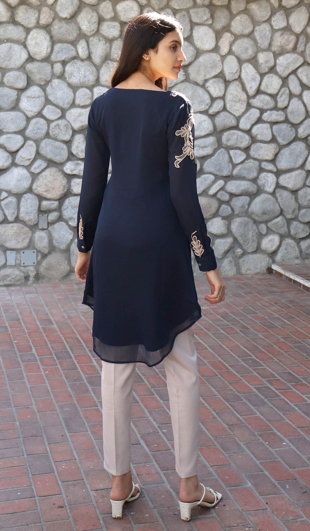 Back view of Selena Embroidered Long Modest Tunic in Navy Blue.