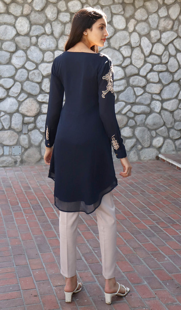 Back view of Selena Embroidered Long Modest Tunic in Navy Blue.