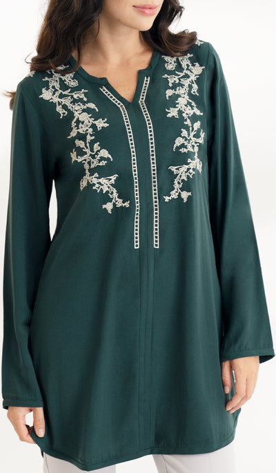 Shermin Embroidered Long Modest Tunic - Forest - PREORDER (ships in 2 weeks)