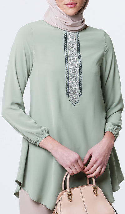 Suroor Embroidered Long Modest Tunic - Sage - Final Sale