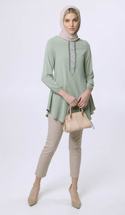Suroor Embroidered Long Modest Tunic - Sage - Final Sale