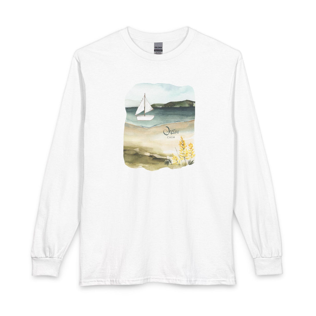 A white long-sleeve crewneck t-shirt featuring a square watercolor graphic on the chest of a sailboat on a beach with the text 'Jolly Time'.