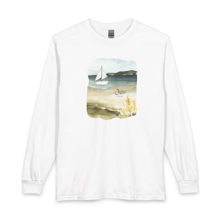 A white long-sleeve crewneck t-shirt featuring a square watercolor graphic on the chest of a sailboat on a beach with the text 'Jolly Time'.