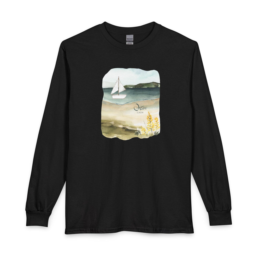 A black long-sleeve crewneck t-shirt featuring a square watercolor graphic on the chest depicting a coastal scene with a sailboat, sandy beach, and the text 'Oahu, Hawaii'.