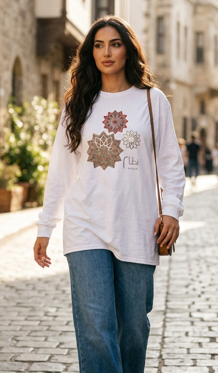 100% Cotton Unisex Long Sleeve Arabic Calligraphy Graphic Tee - "نظام" (Order)