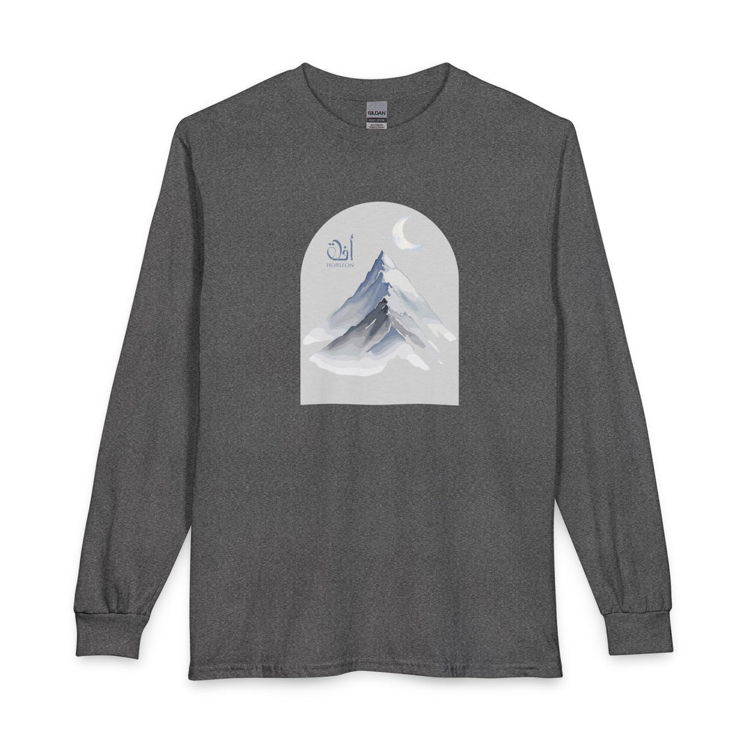 A dark heather gray long-sleeve t-shirt with a central graphic print of a mountain under a crescent moon inside an arch, on a plain white background.