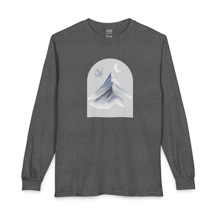 A dark heather gray long-sleeve t-shirt with a central graphic print of a mountain under a crescent moon inside an arch, on a plain white background.