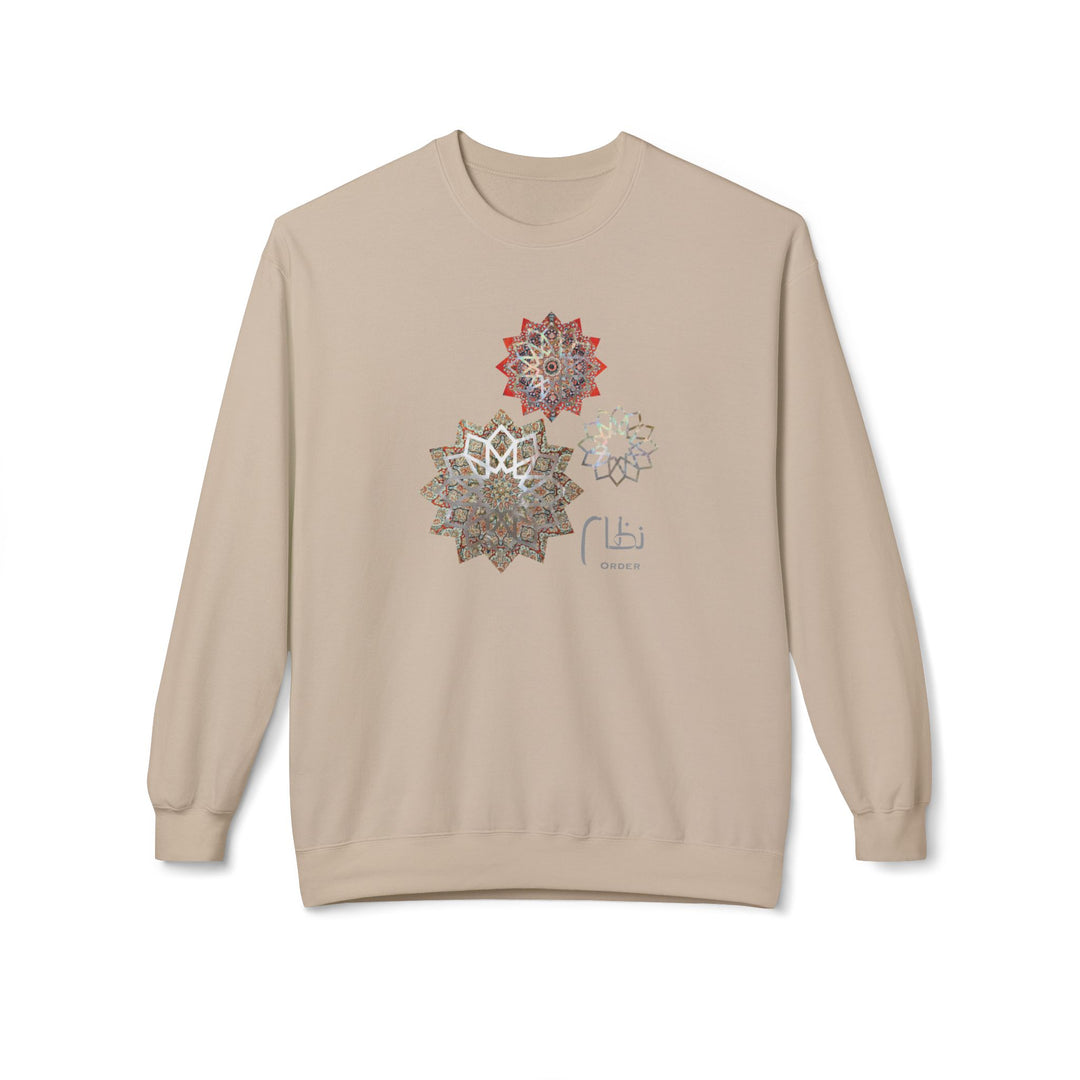 A beige crewneck sweatshirt featuring three colorful mandala-style floral graphics on the chest, displayed against a clean white background.