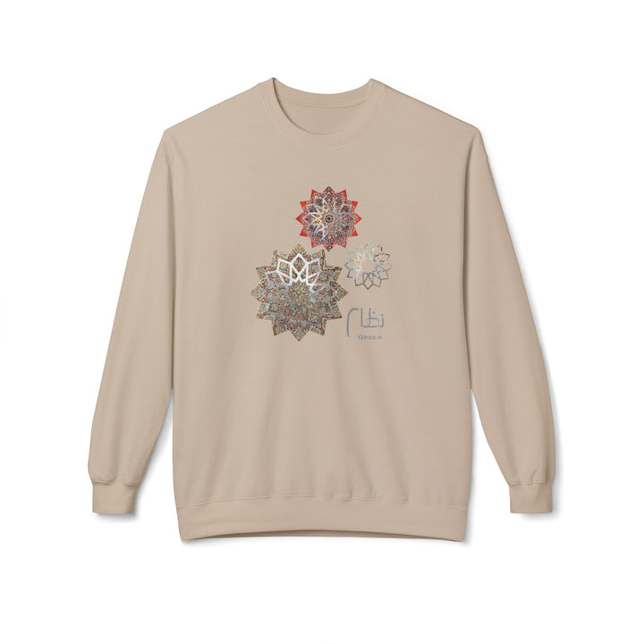 A beige crewneck sweatshirt featuring three colorful mandala-style floral graphics on the chest, displayed against a clean white background.