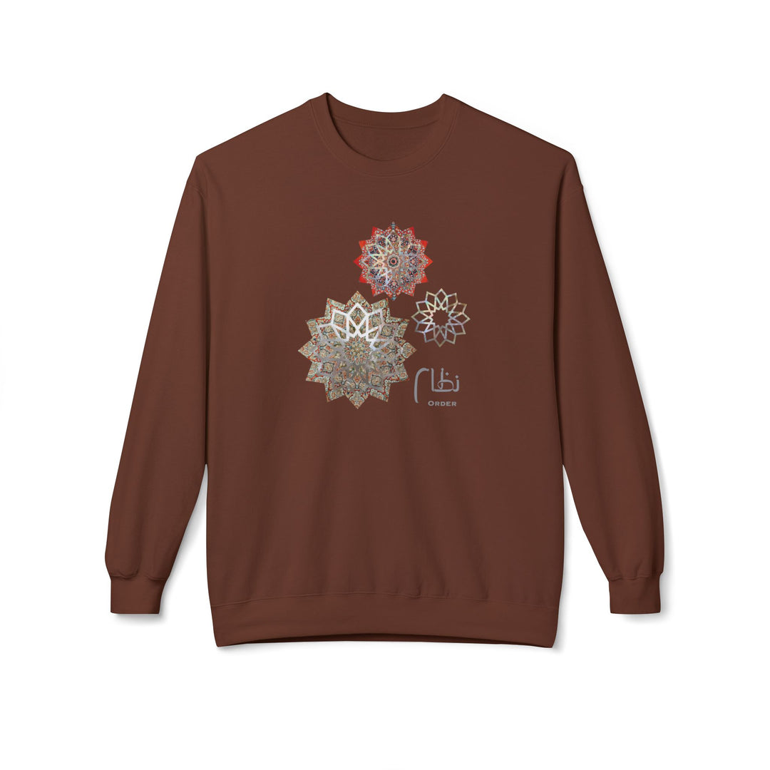 A brown crewneck sweatshirt featuring three colorful mandala designs and a small 'LBI' logo on the chest, displayed against a solid white background.