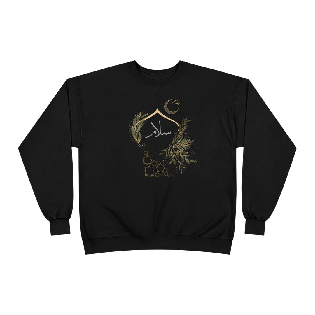 Eco-Friendly Olive and Crescent Arabic Calligraphy Crewneck Pullover Sweatshirt - Salam (Peace)