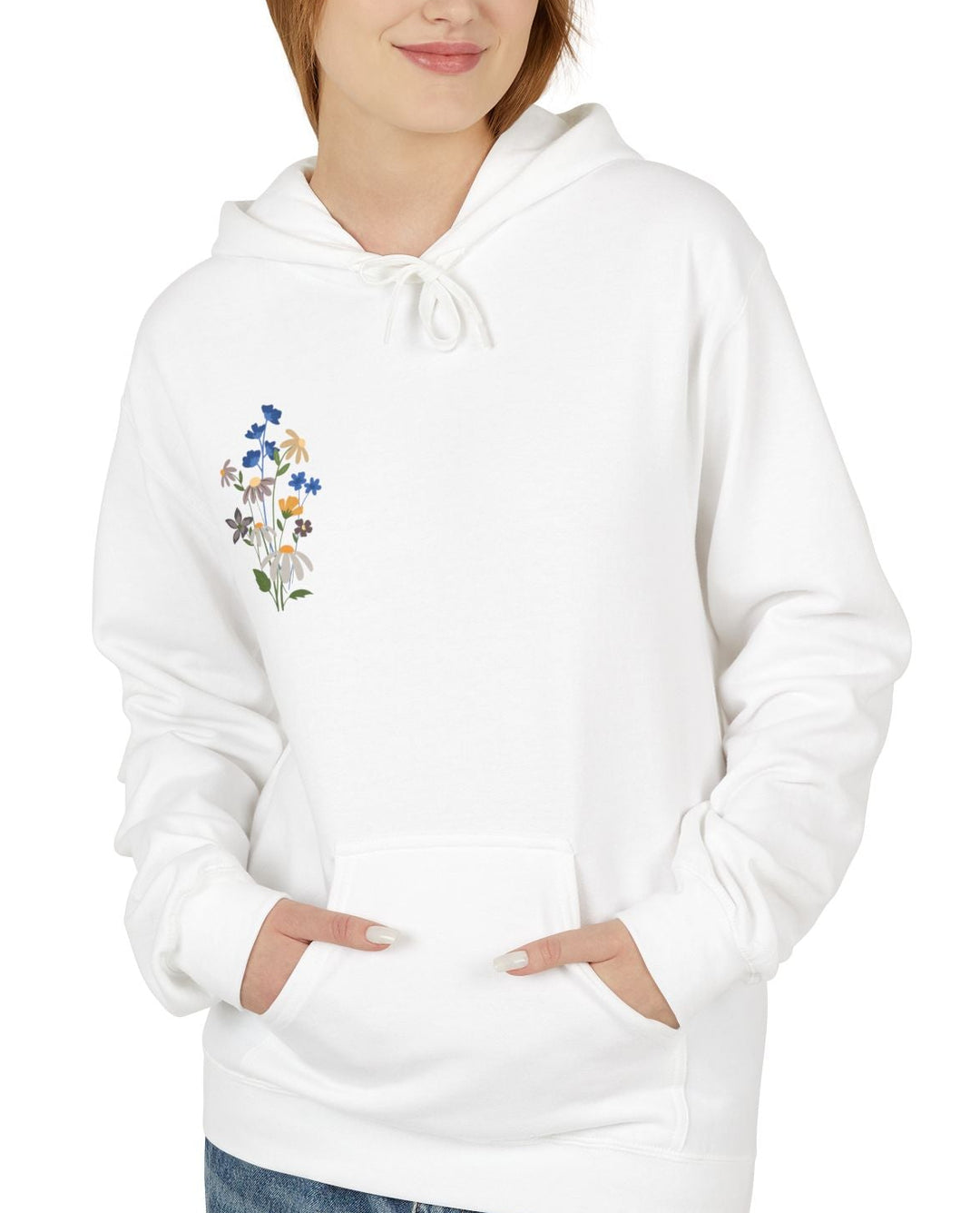 Person wearing a white hoodie with a colorful design on a white background