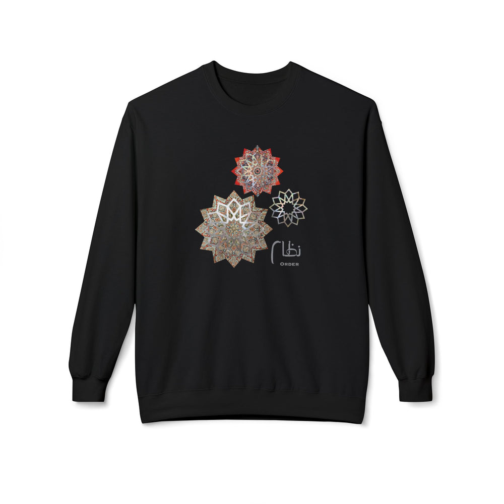 A black crewneck sweatshirt featuring three intricate mandala designs in red, brown, and white on the chest, with a small white graphic and text below.