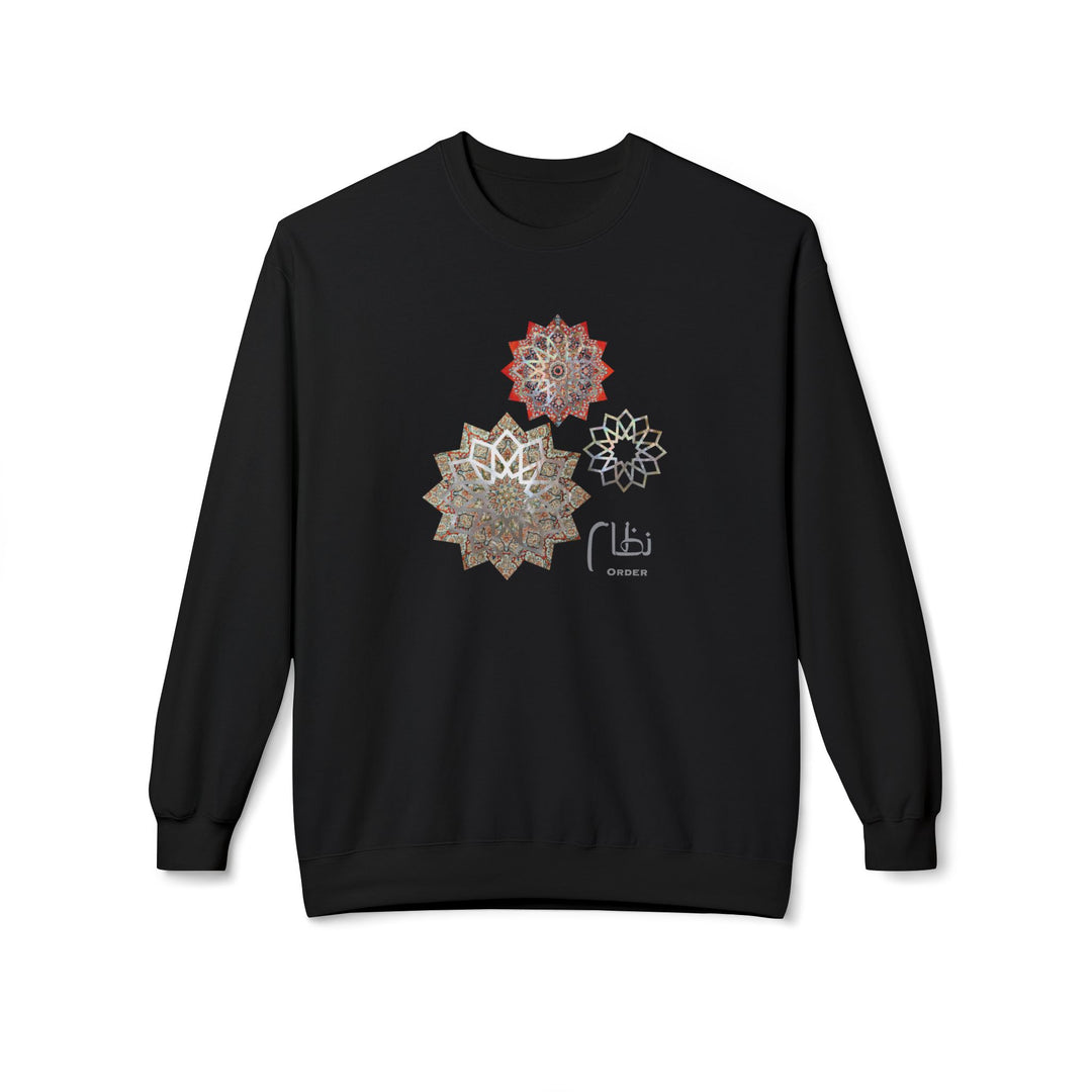 A black crewneck sweatshirt featuring three intricate mandala designs in red, brown, and white on the chest, with a small white graphic and text below.