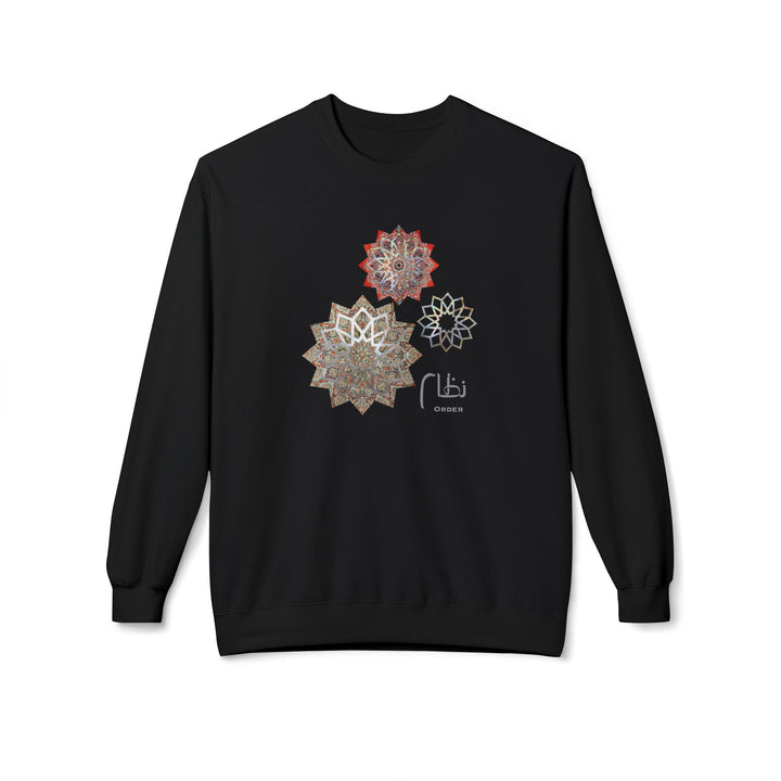 A black crewneck sweatshirt featuring three intricate mandala designs in red, brown, and white on the chest, with a small white graphic and text below.
