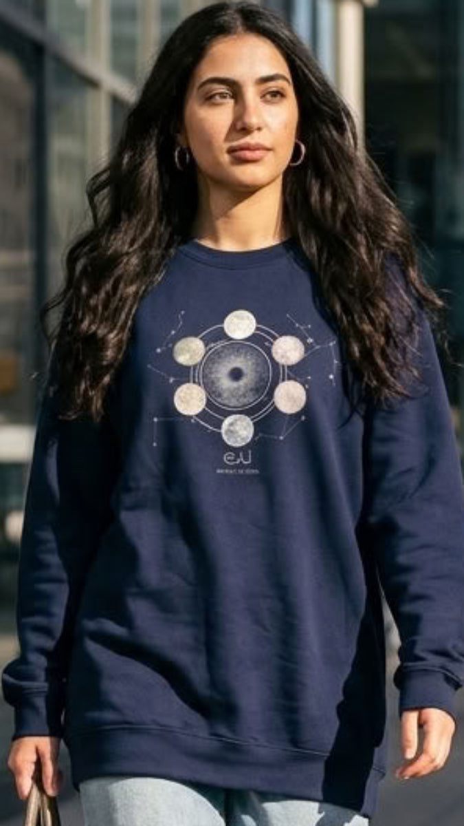 80% Cotton Arabic Calligraphy Pullover Sweatshirt - Celestial Moon Phases - "آيات" (Signs)