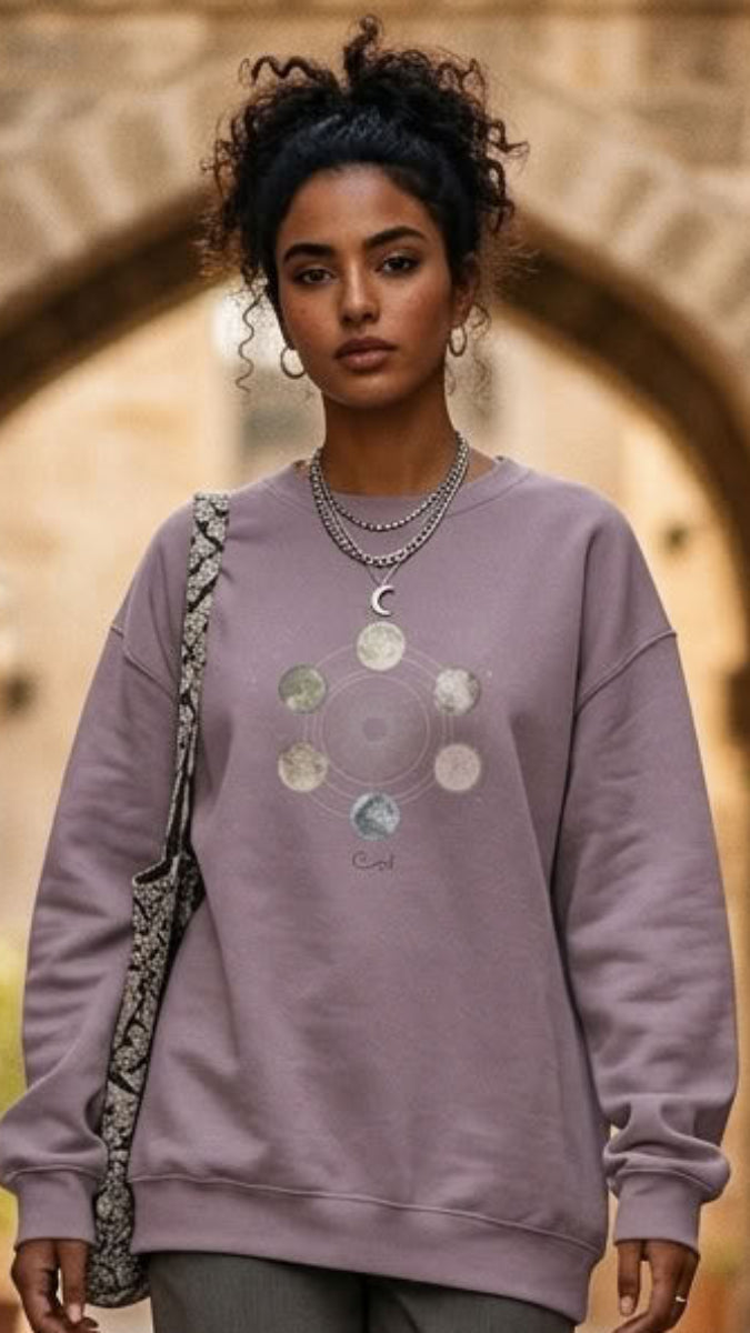 80% Cotton Arabic Calligraphy Pullover Sweatshirt - Celestial Moon Phases - "آيات" (Signs)
