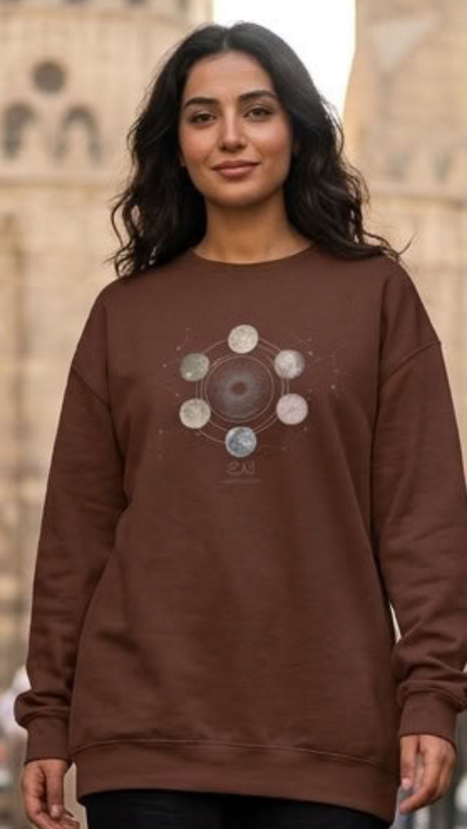 80% Cotton Arabic Calligraphy Pullover Sweatshirt - Celestial Moon Phases - "آيات" (Signs)