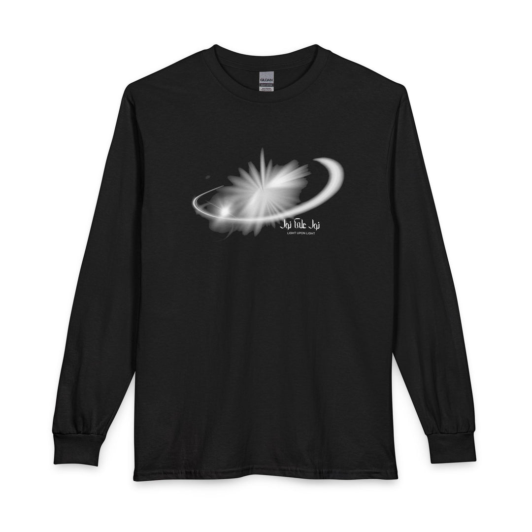 A navy blue long-sleeve t-shirt with a white and gray graphic of a starburst and a ringed planet on the chest, featuring the text 'Jupiter' and 'Jupiter Art Studios'.