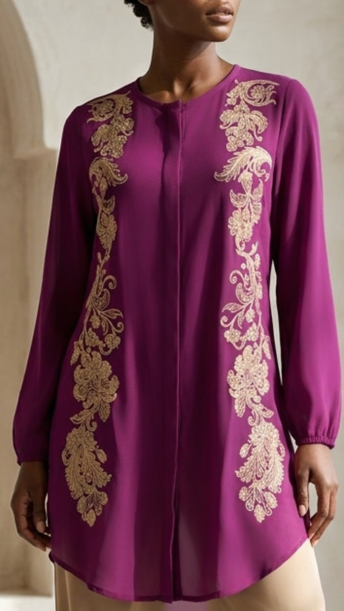 Acantha Embroidered Long Modest Tunic - Orchid/Beige