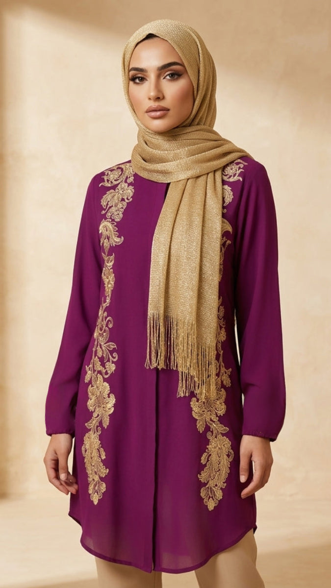 Acantha Embroidered Long Modest Tunic - Orchid/Beige