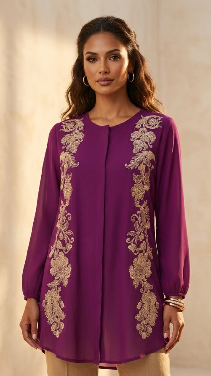 Woman wearing a purple dress with gold embroidery against a beige background