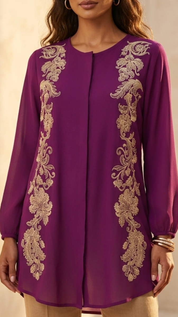 Purple top with gold embroidery on a beige background
