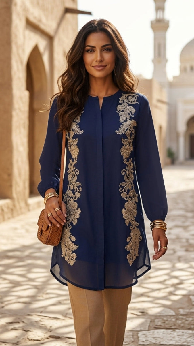 Acantha Embroidered Long Modest Tunic - Sapphire/Gold