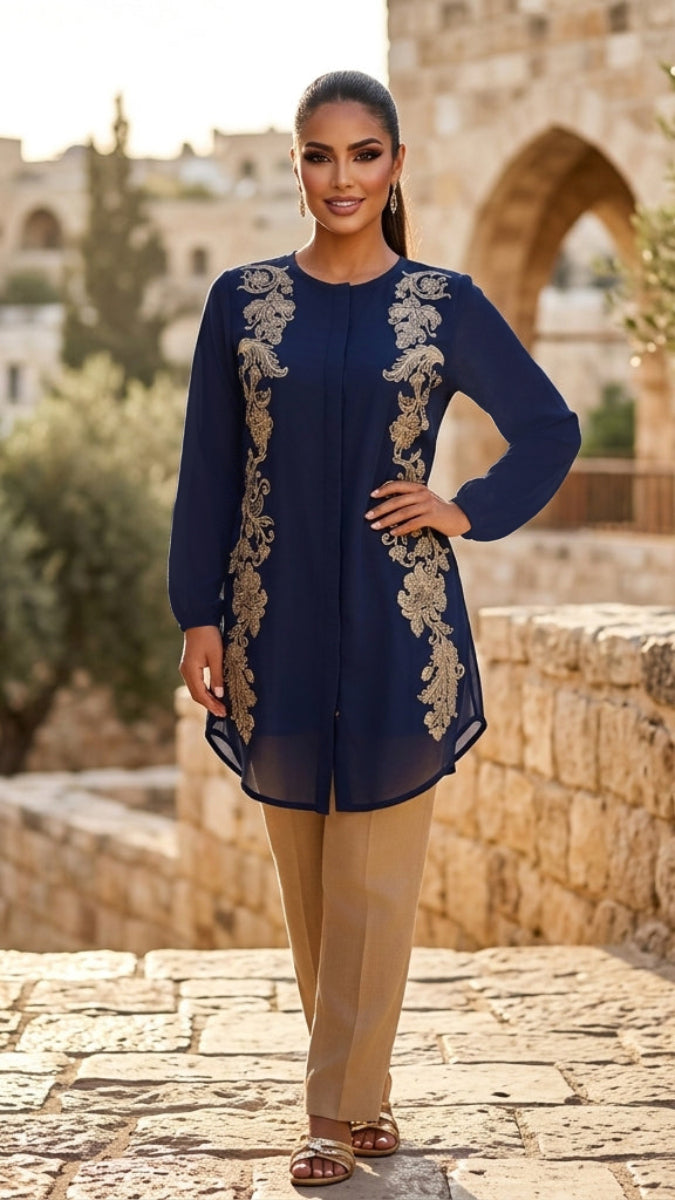 Acantha Embroidered Long Modest Tunic - Sapphire/Gold