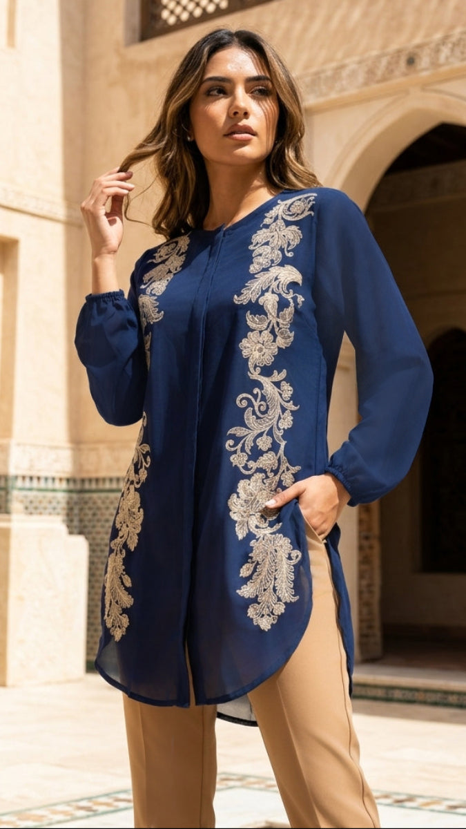 Acantha Embroidered Long Modest Tunic - Sapphire/Gold