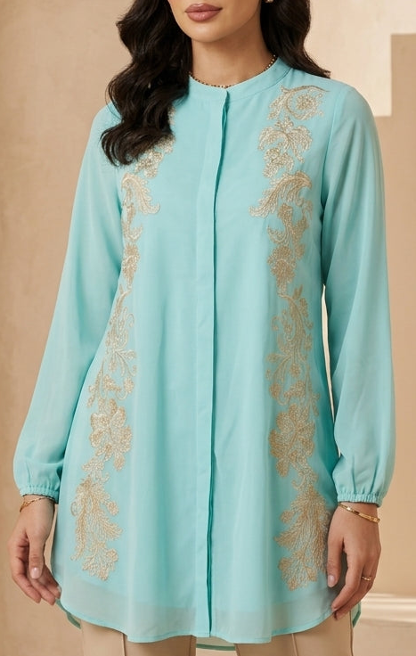 Acantha Embroidered Long Modest Tunic - Turquoise/Beige