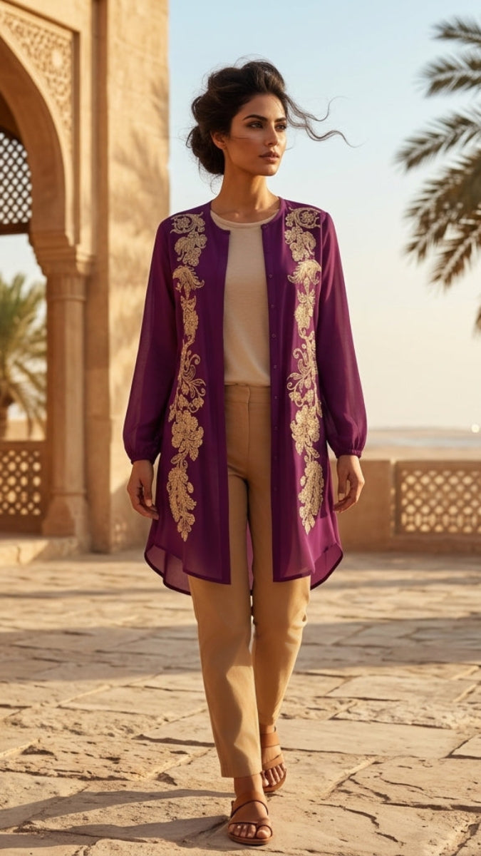 Woman wearing a purple embroidered jacket in an outdoor setting with architectural elements.