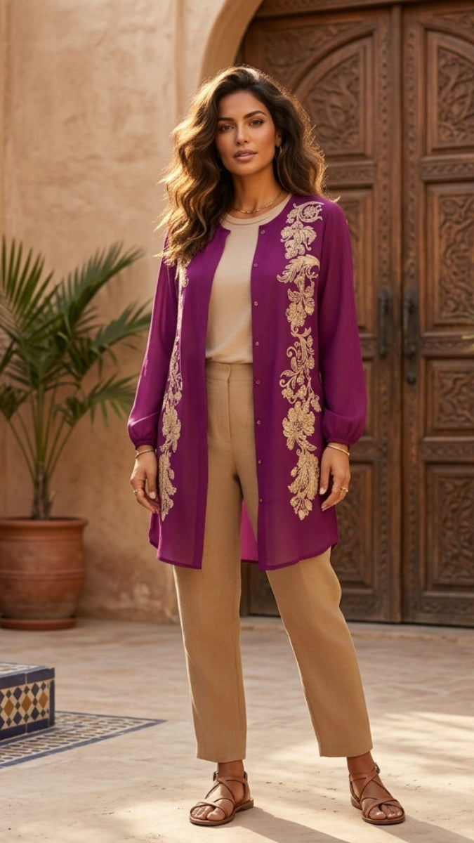 Woman wearing a purple embroidered outfit standing in front of a wooden door.