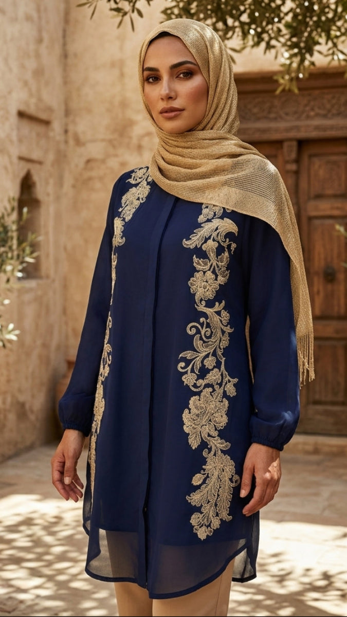 Acantha Embroidered Long Modest Tunic - Sapphire/Gold