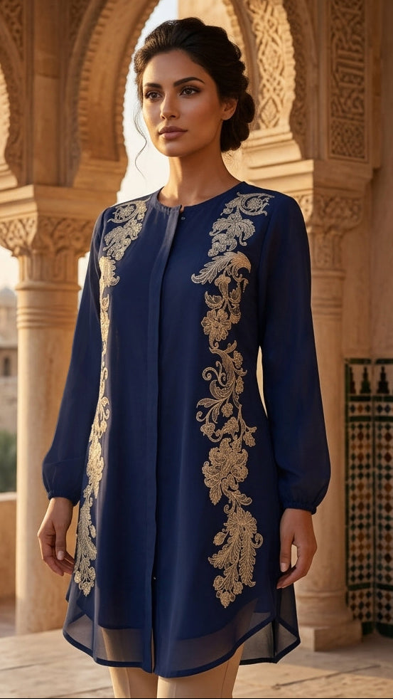 Woman wearing a blue embroidered dress in an architectural setting