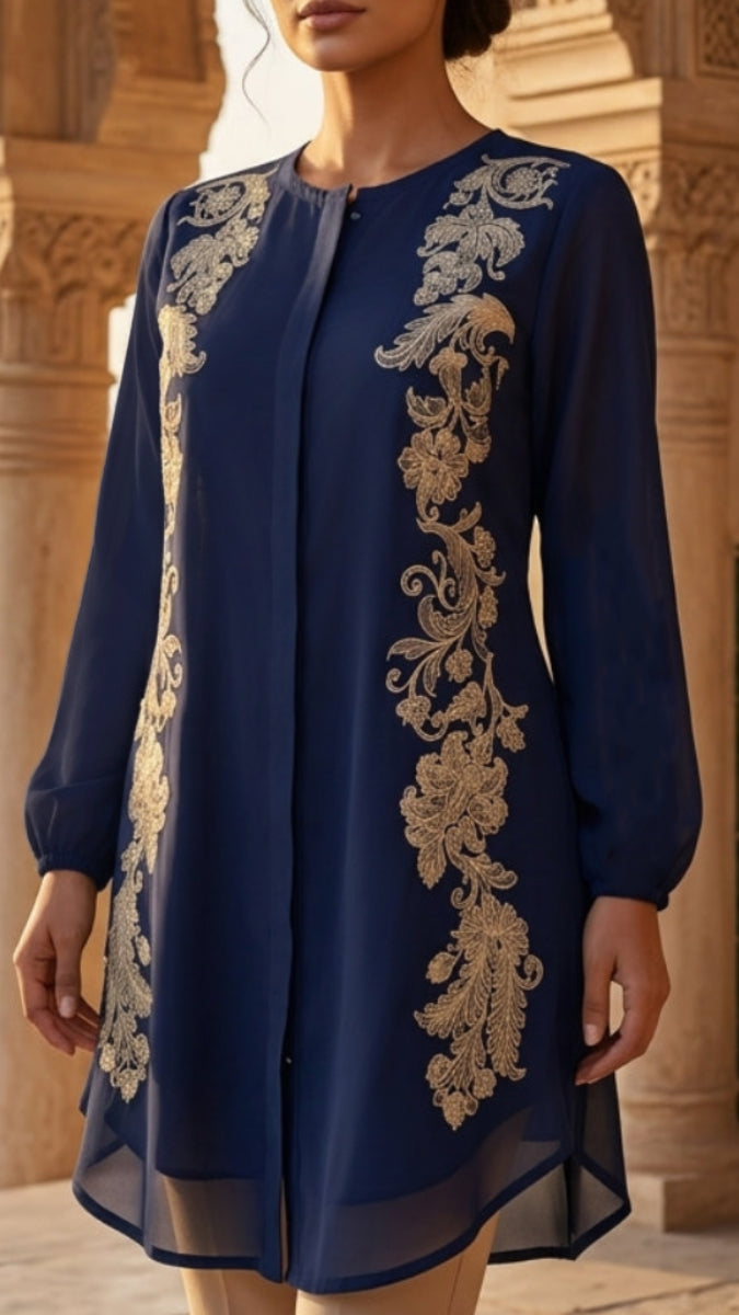 Acantha Embroidered Long Modest Tunic - Sapphire/Gold