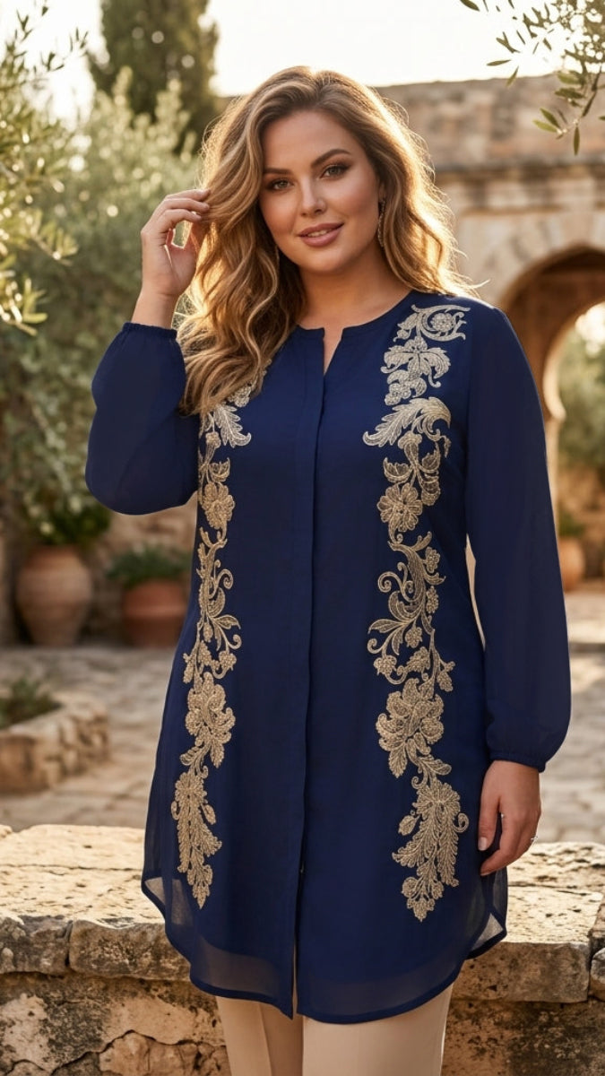 Acantha Embroidered Long Modest Tunic - Sapphire/Gold
