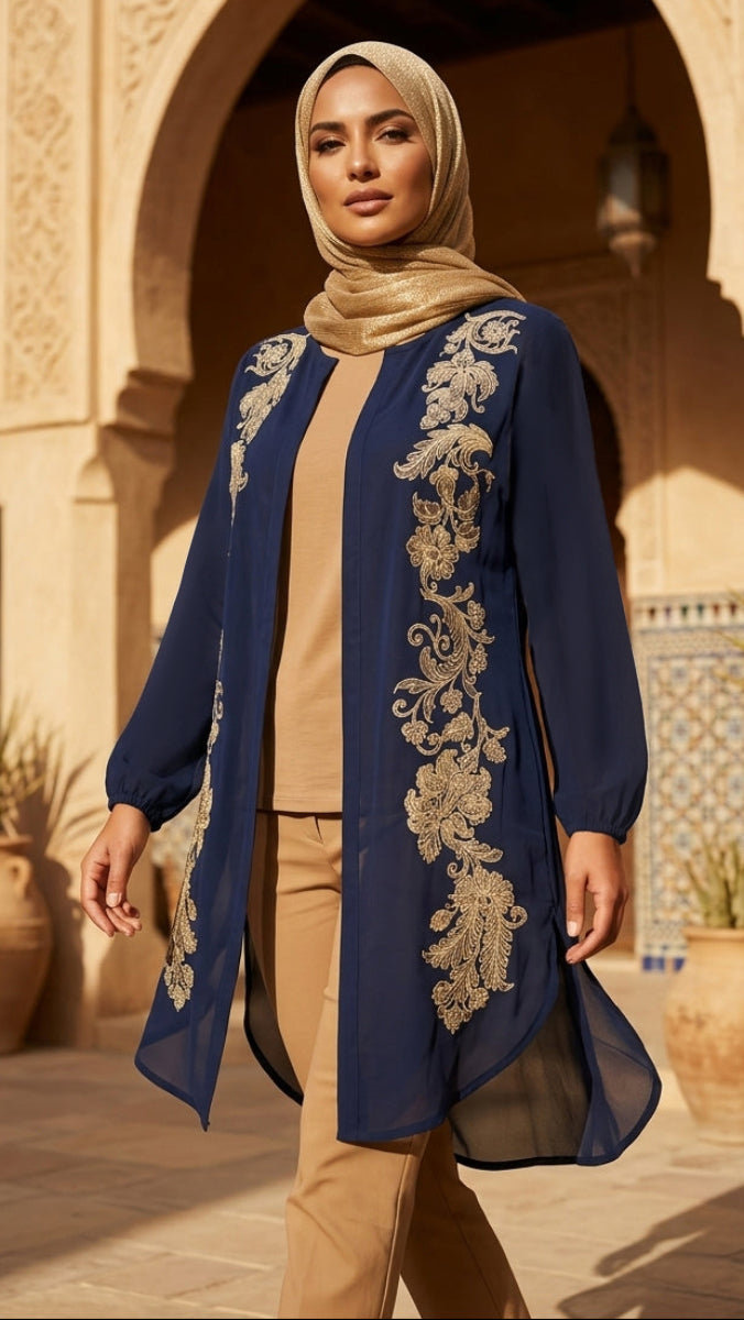 Acantha Embroidered Long Modest Tunic - Sapphire/Gold