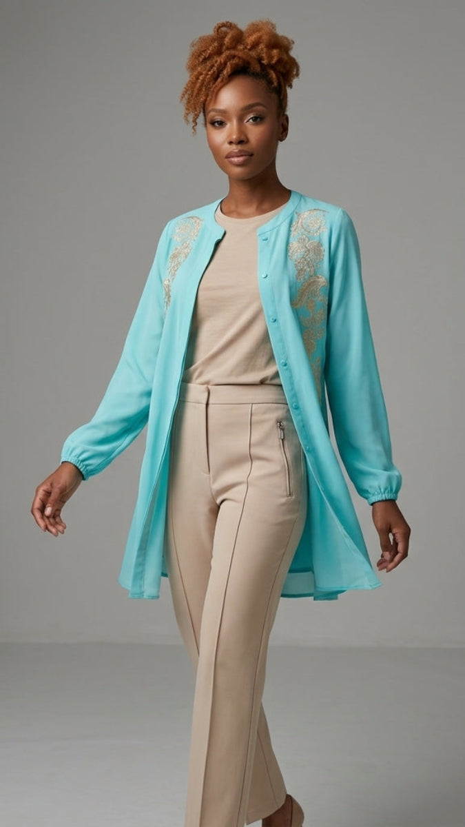 Woman wearing a light blue cardigan with lace details over a beige top and pants on a gray background