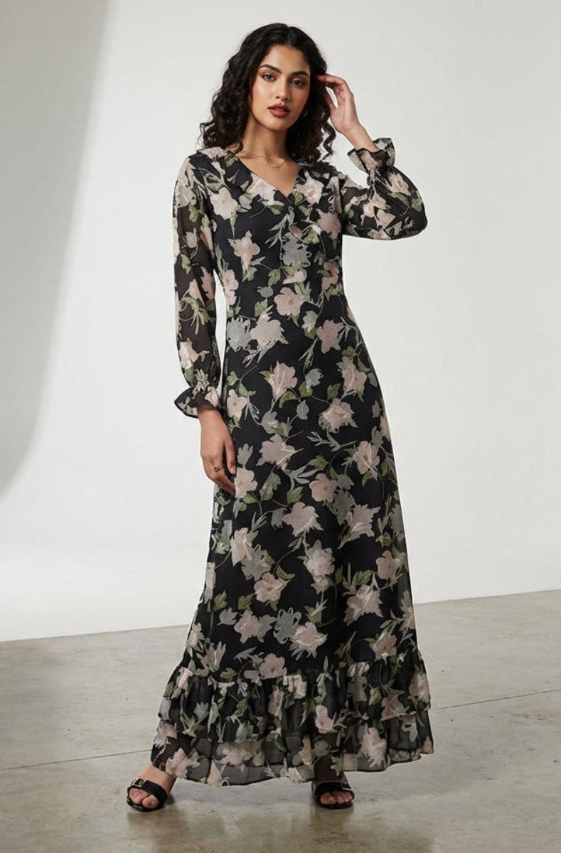 Woman wearing a floral dress in a studio setting
