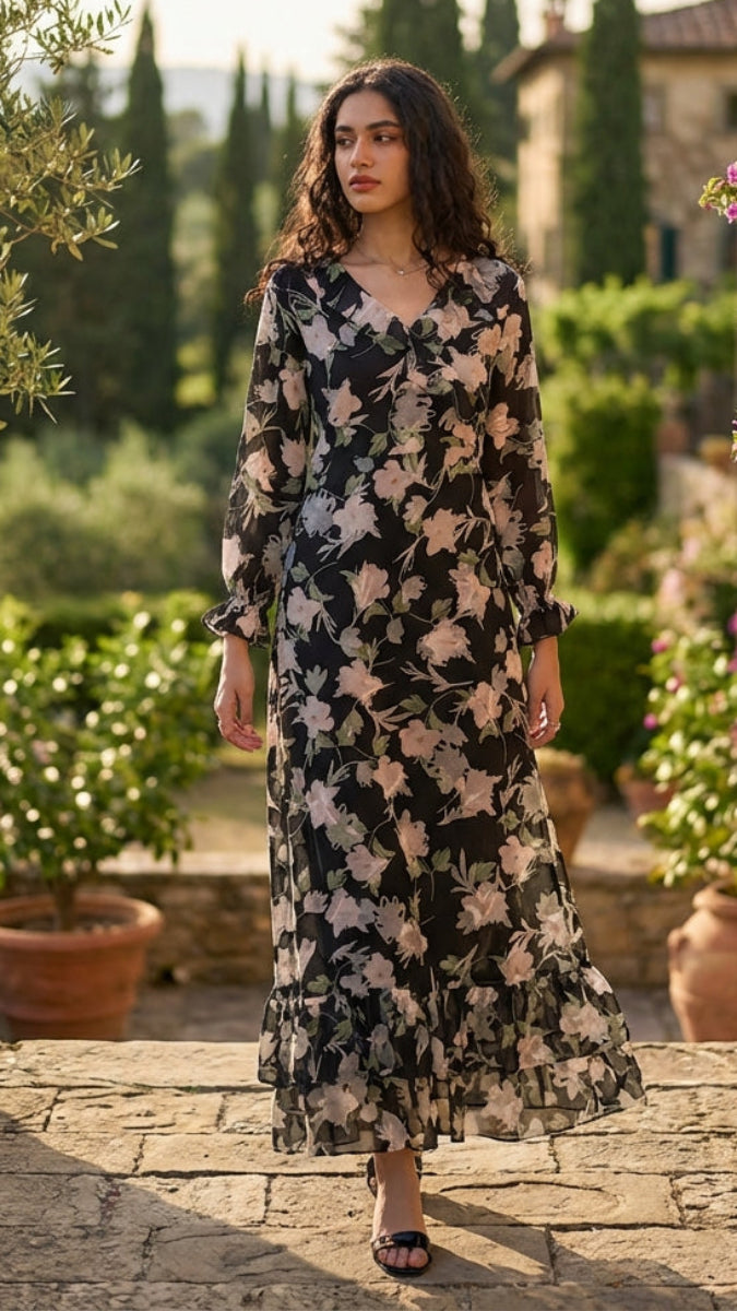 Woman in a floral dress standing in a scenic outdoor setting with potted plants and a building in the background.