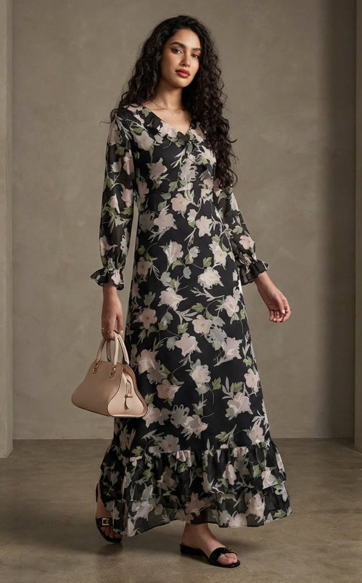Woman in a floral dress holding a handbag against a plain background
