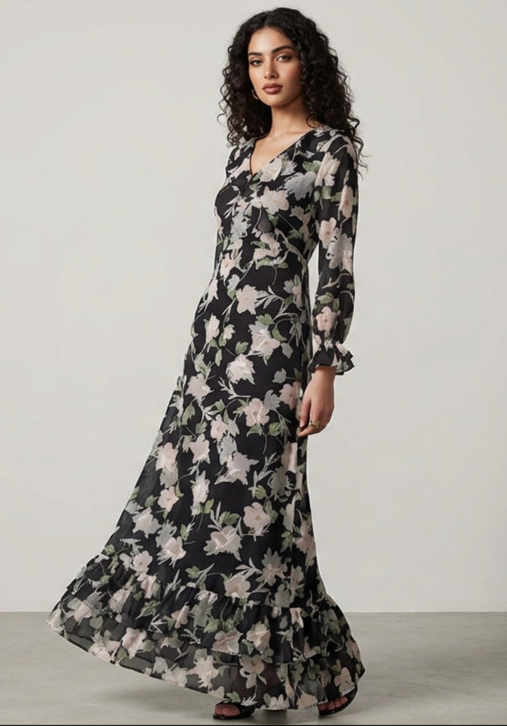 Woman wearing a floral dress against a plain background