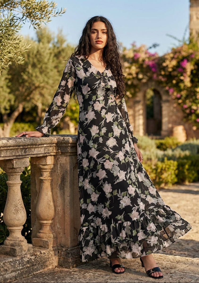 Woman in a floral dress standing in a garden with stone architecture and greenery.