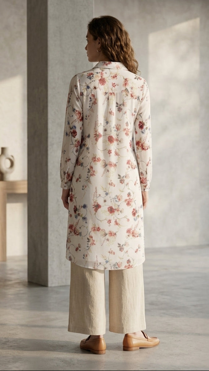 A woman stands with her back to the camera in a minimalist, sunlit studio with concrete walls and columns, wearing a long-sleeved cream-colored floral tunic with red and blue flowers, paired with beige wide-leg trousers and brown loafers.
