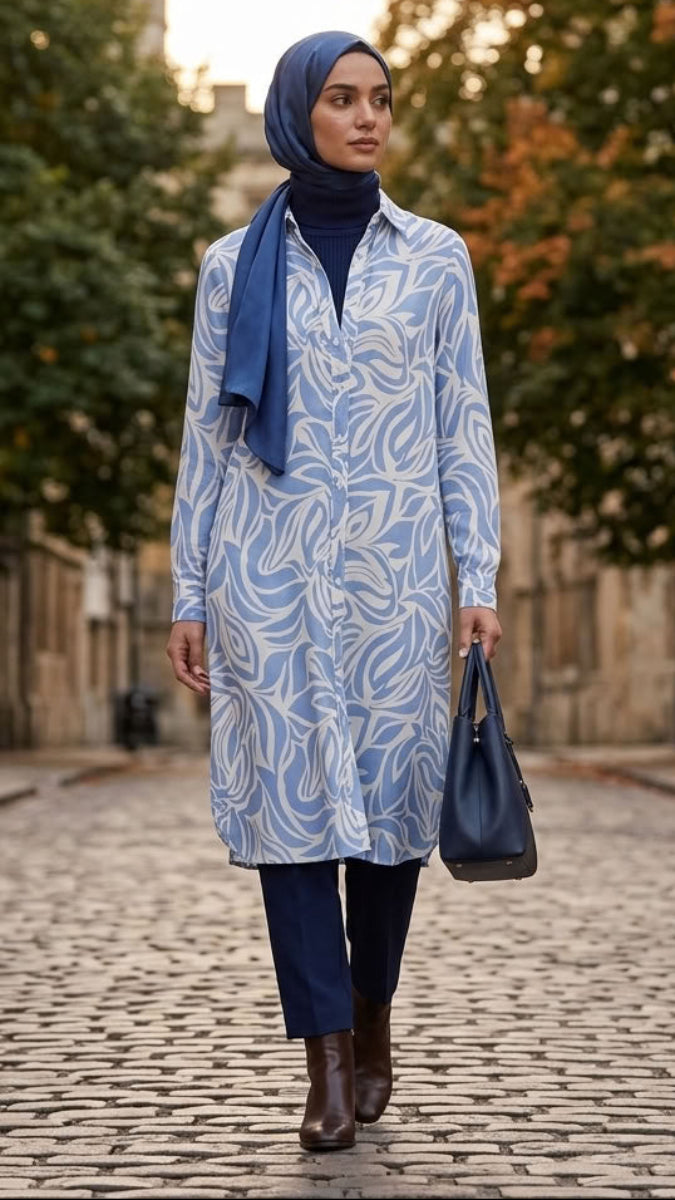 A woman wearing a light blue and white patterned tunic with a navy blue hijab and navy trousers, walking on a cobblestone street and holding a navy blue handbag.