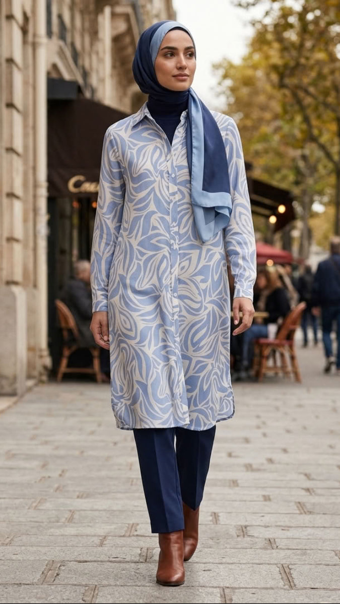 Alima Long Flowy Buttondown Shirt Jacket - Blue Swirl