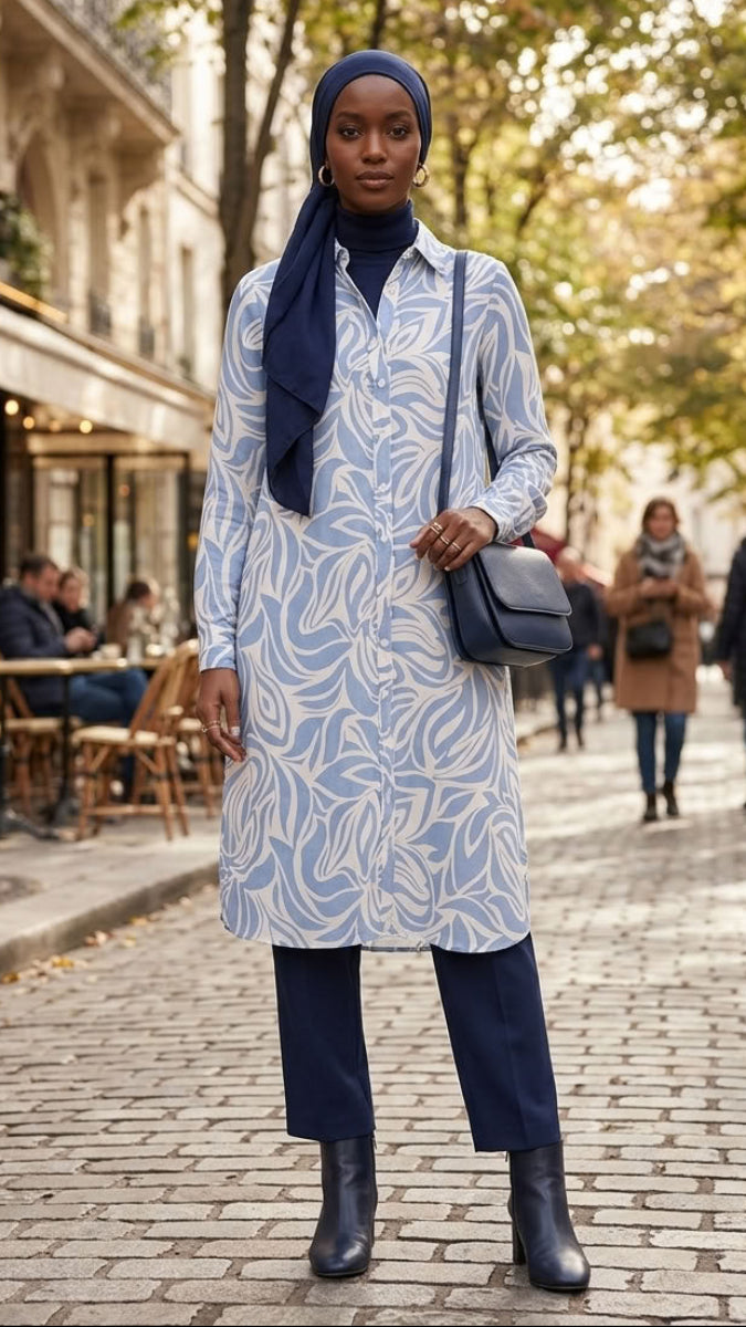A woman stands on a cobblestone street wearing a light blue and white patterned long-sleeve tunic with a navy blue turtleneck underneath, a navy blue hijab, navy pants, and black ankle boots. She is carrying a dark gray shoulder bag, with cafe seating and trees in the background.