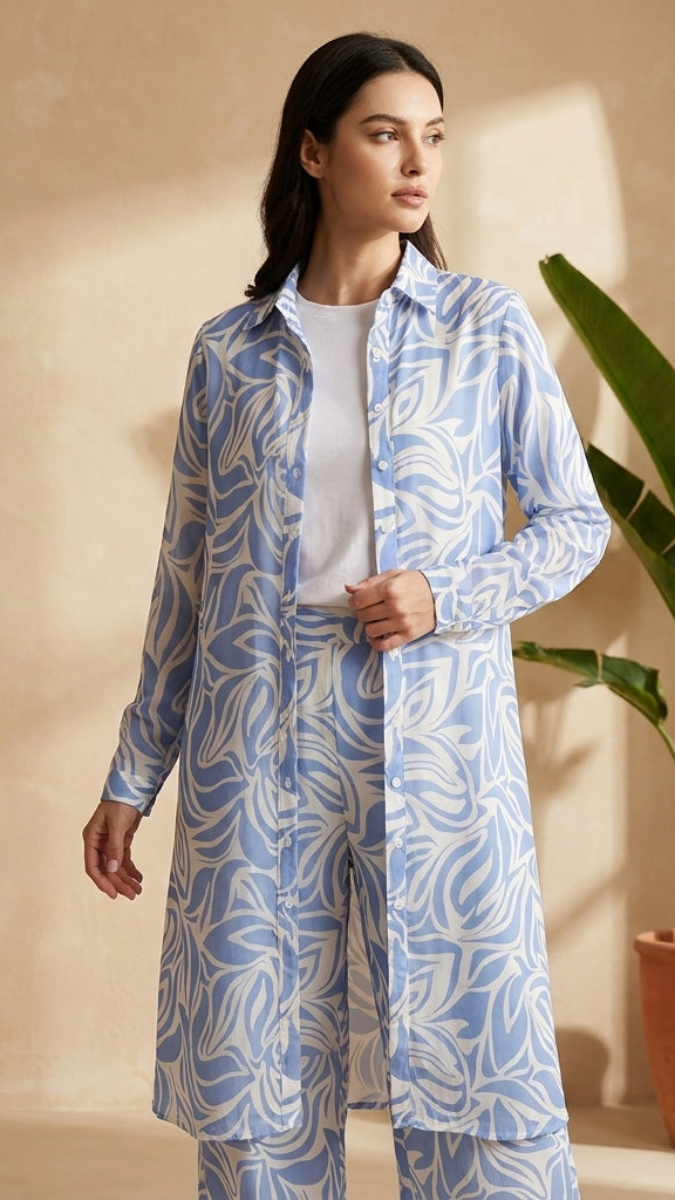 Woman wearing a blue and white patterned outfit standing next to a potted plant in a sunlit room.